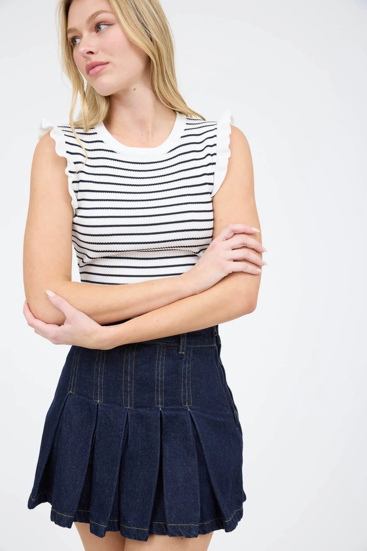 Ivory Striped Ruffle-Sleeve Sweater Top