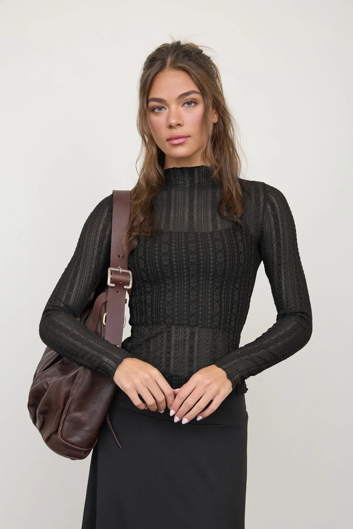 Sheer Lace Mock Neck Long-Sleeve Top