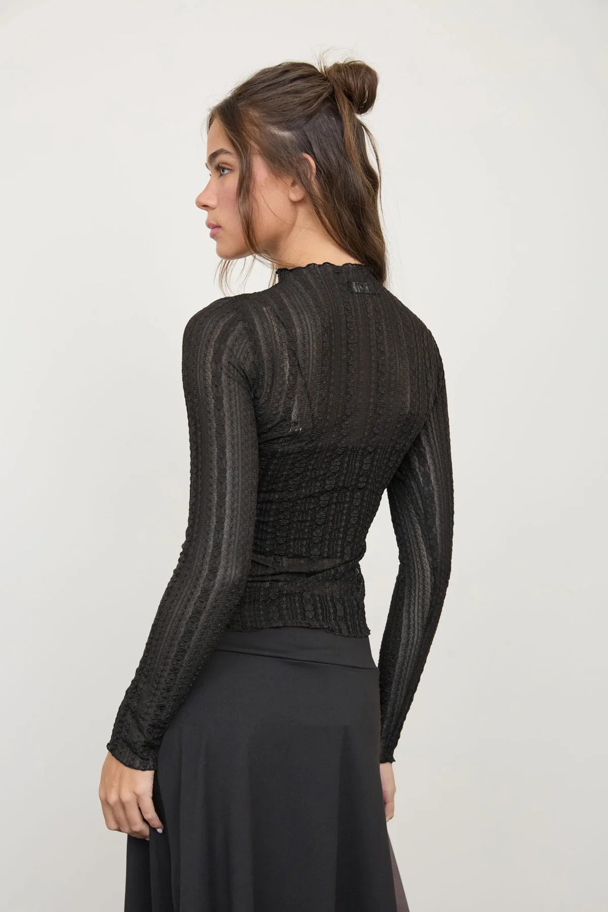 Sheer Lace Mock Neck Long-Sleeve Top