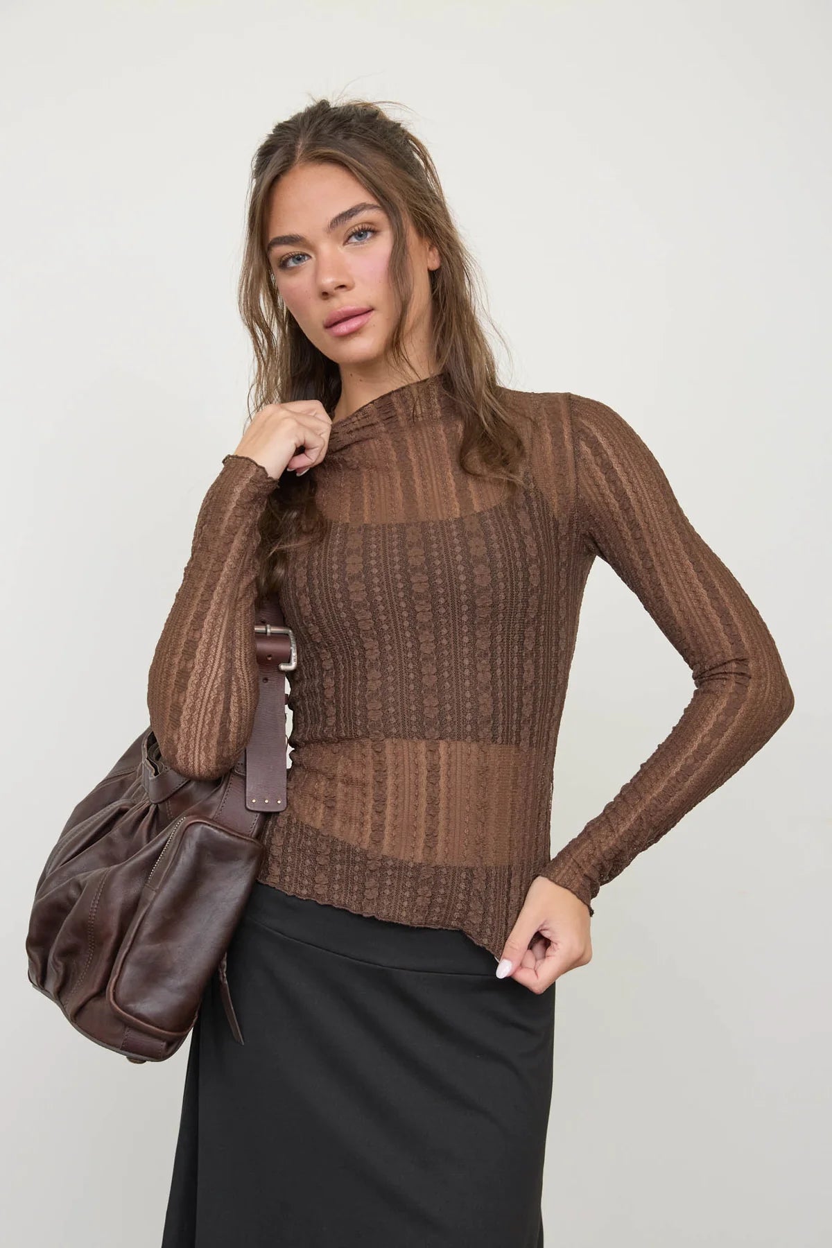 Sheer Lace Mock Neck Long-Sleeve Top