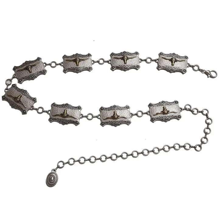 Western Long Horn Concho Metal Chain Silver