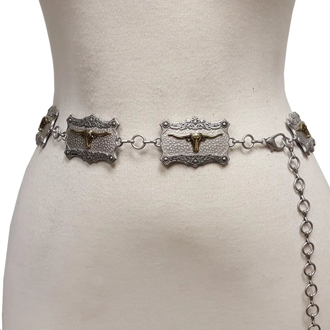 Western Long Horn Concho Metal Chain Silver