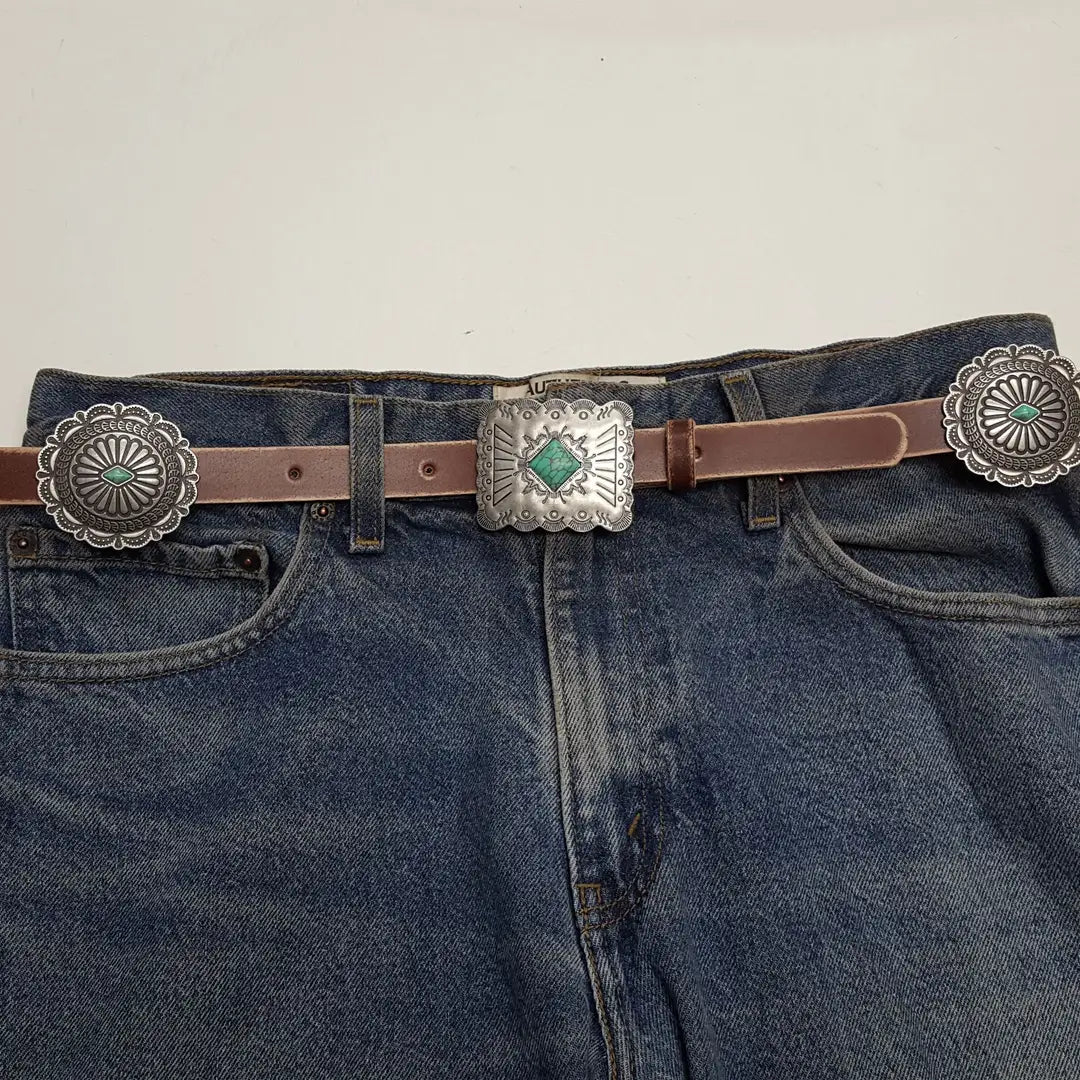 Western Concho Belt with Turquoise Accents – Brown
