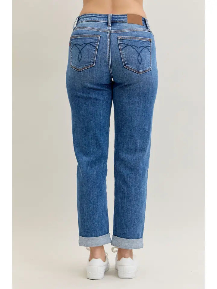 Judy Blue Everyday Ease Medium-Wash Cuffed Straight-Leg Jeans
