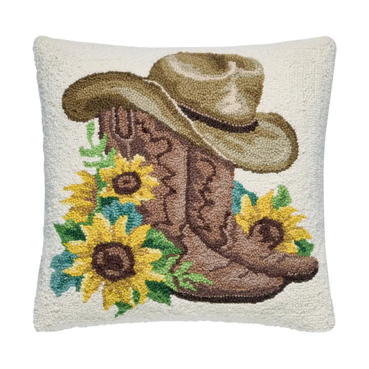 Sunflower Cowgirl Hooked Pillow