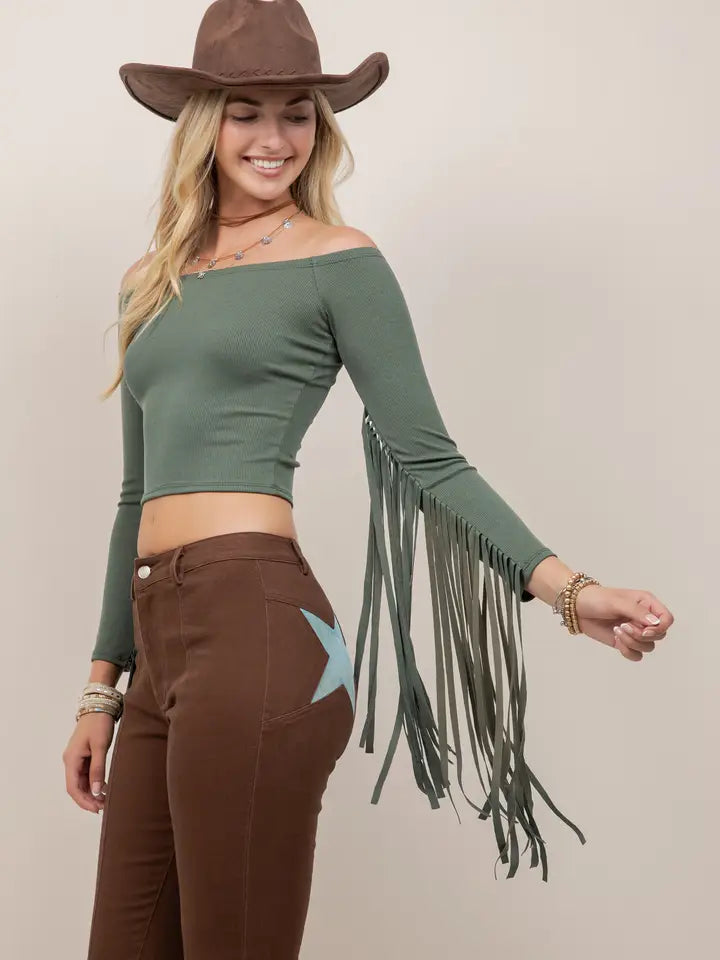 Forest Green/Black Fringe Sleeve Off The Shoulder Top