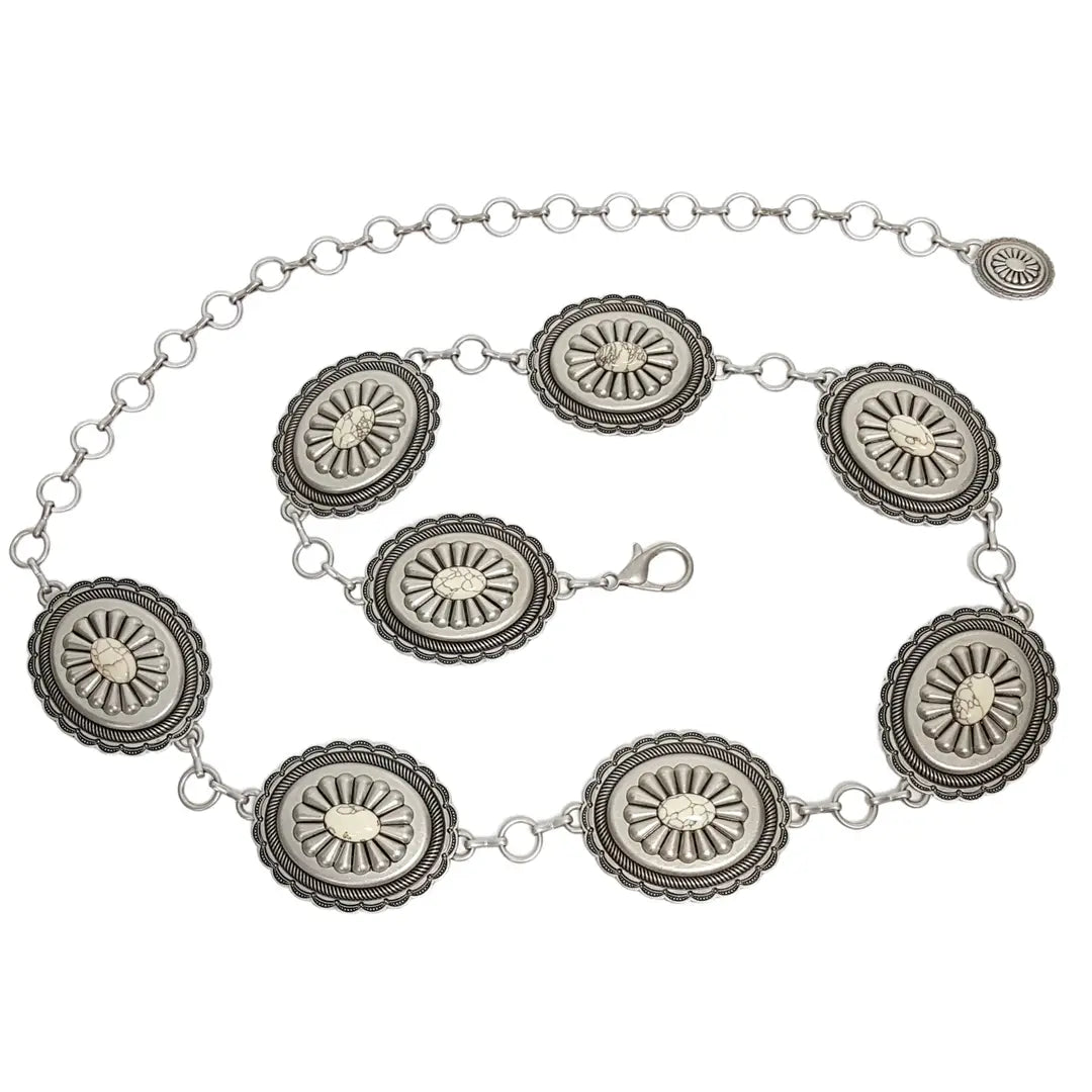 Silver Western Concho Chain Belt with White Stone Accents