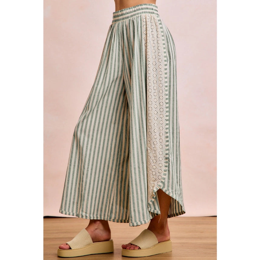 Eucalyptus Stripe Eyelet Wide-Leg Pants
