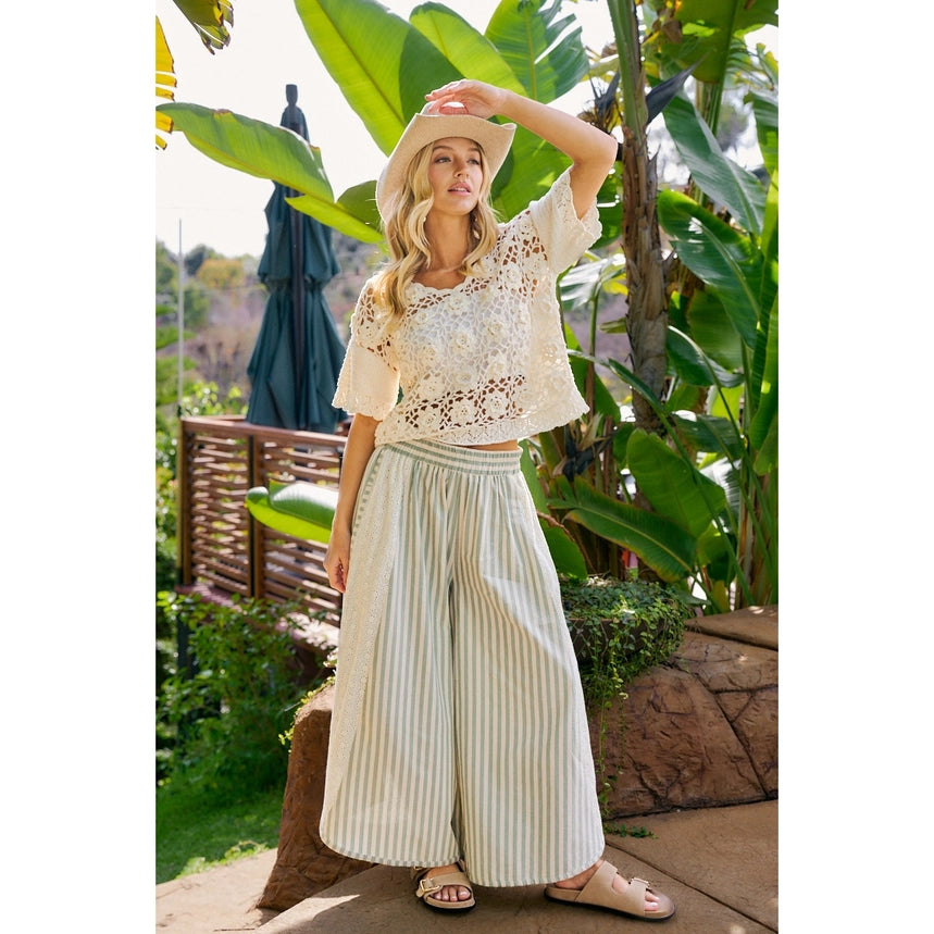 Eucalyptus Stripe Eyelet Wide-Leg Pants