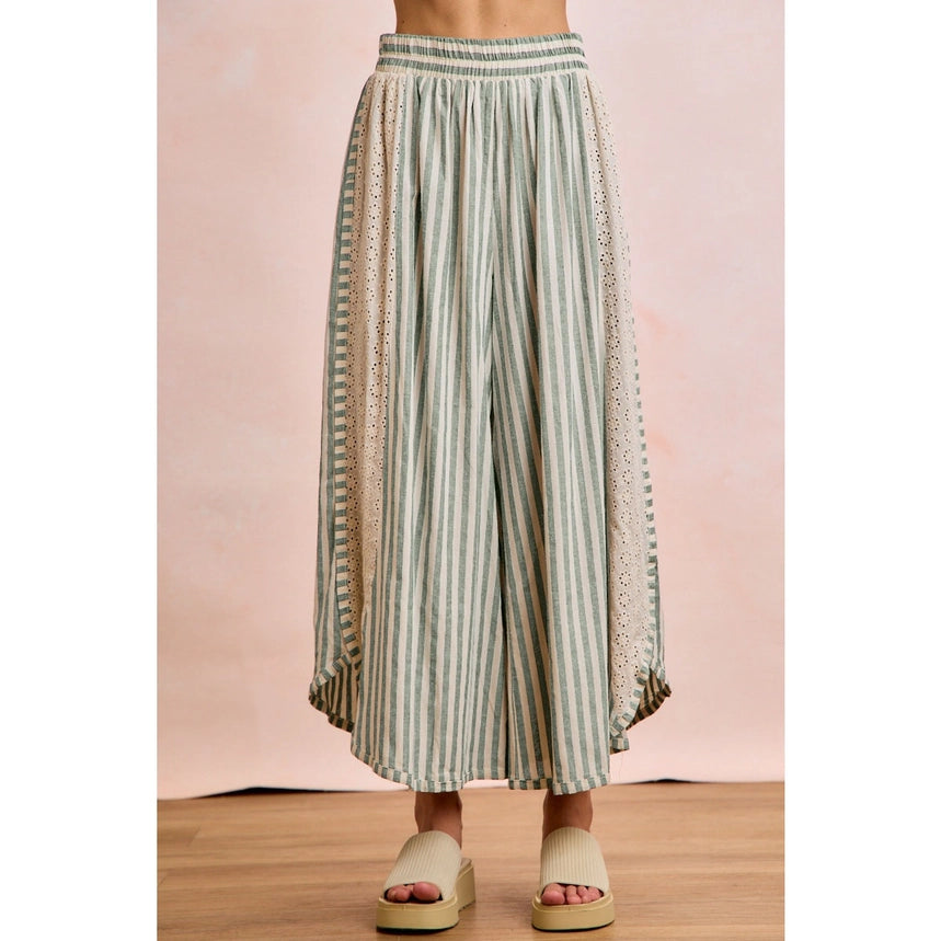 Eucalyptus Stripe Eyelet Wide-Leg Pants