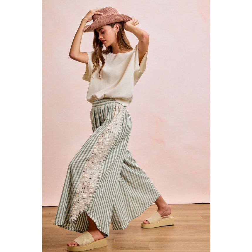 Eucalyptus Stripe Eyelet Wide-Leg Pants