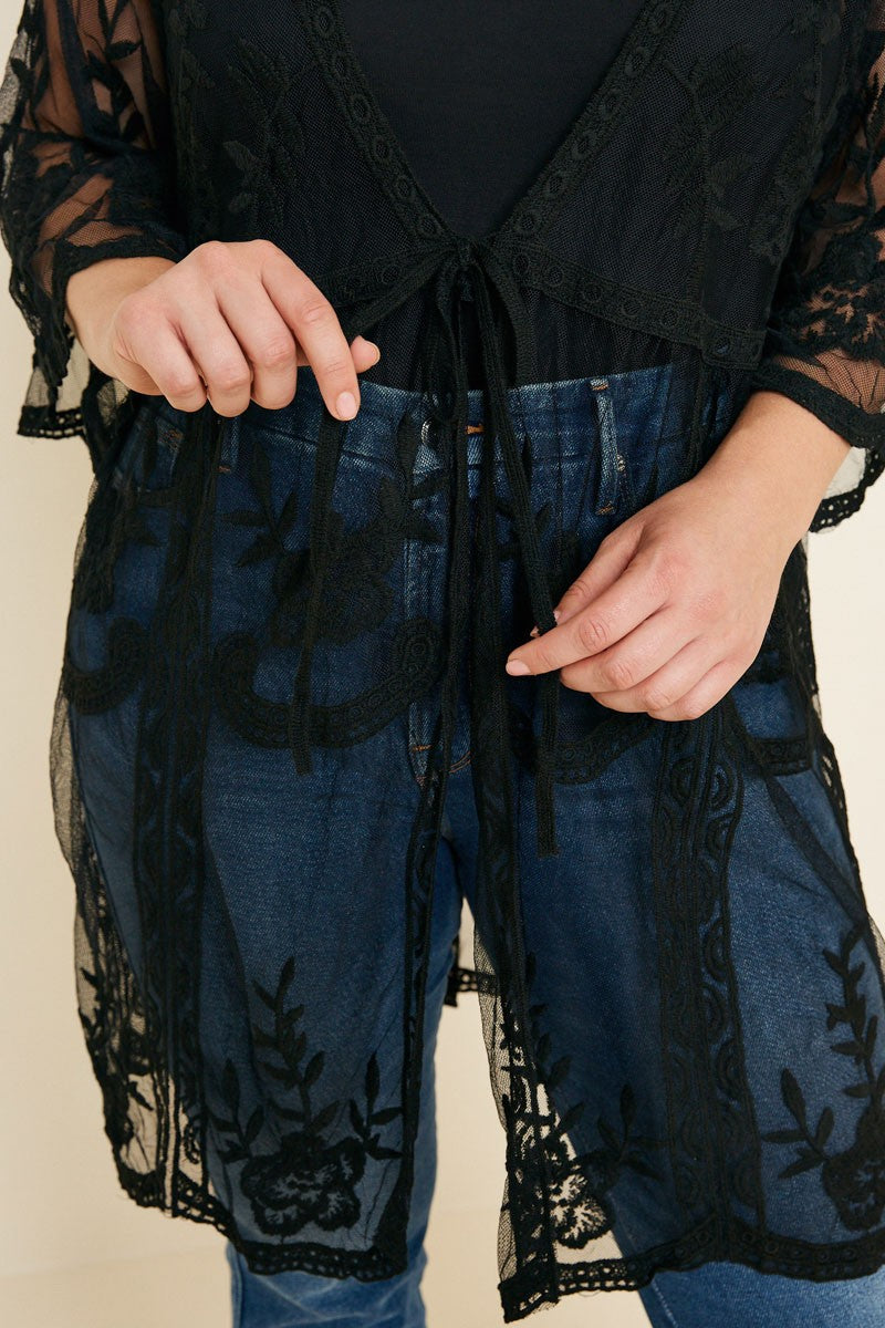 Black Sheer Tie Front Lace Kimono Plus
