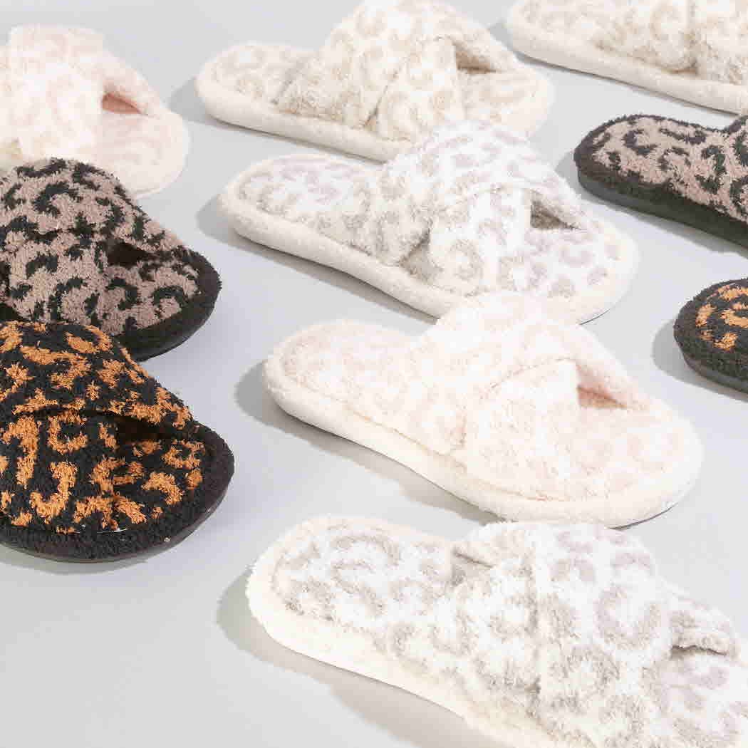 Leopard Print Fuzzy Cross-Strap Slipper