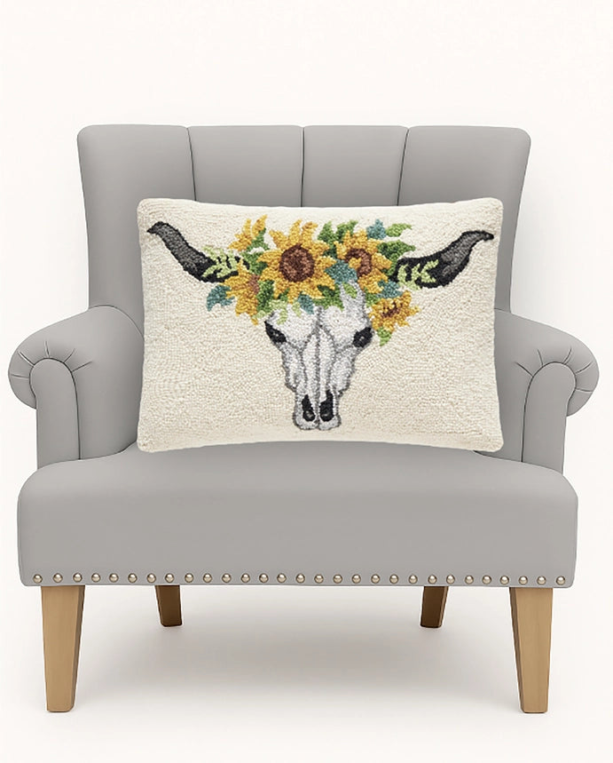 Sunflower Longhorn Hooked Pillow