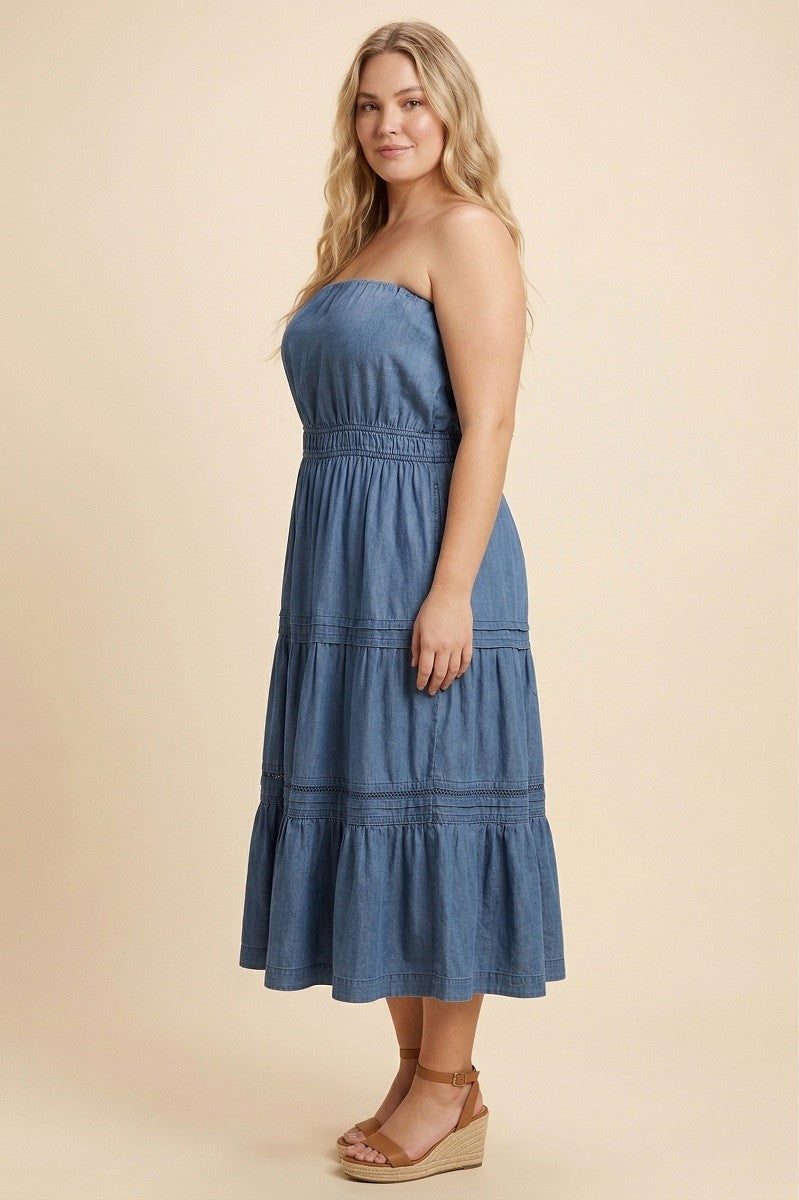 Pleated Chambray Tube Top Dress Plus