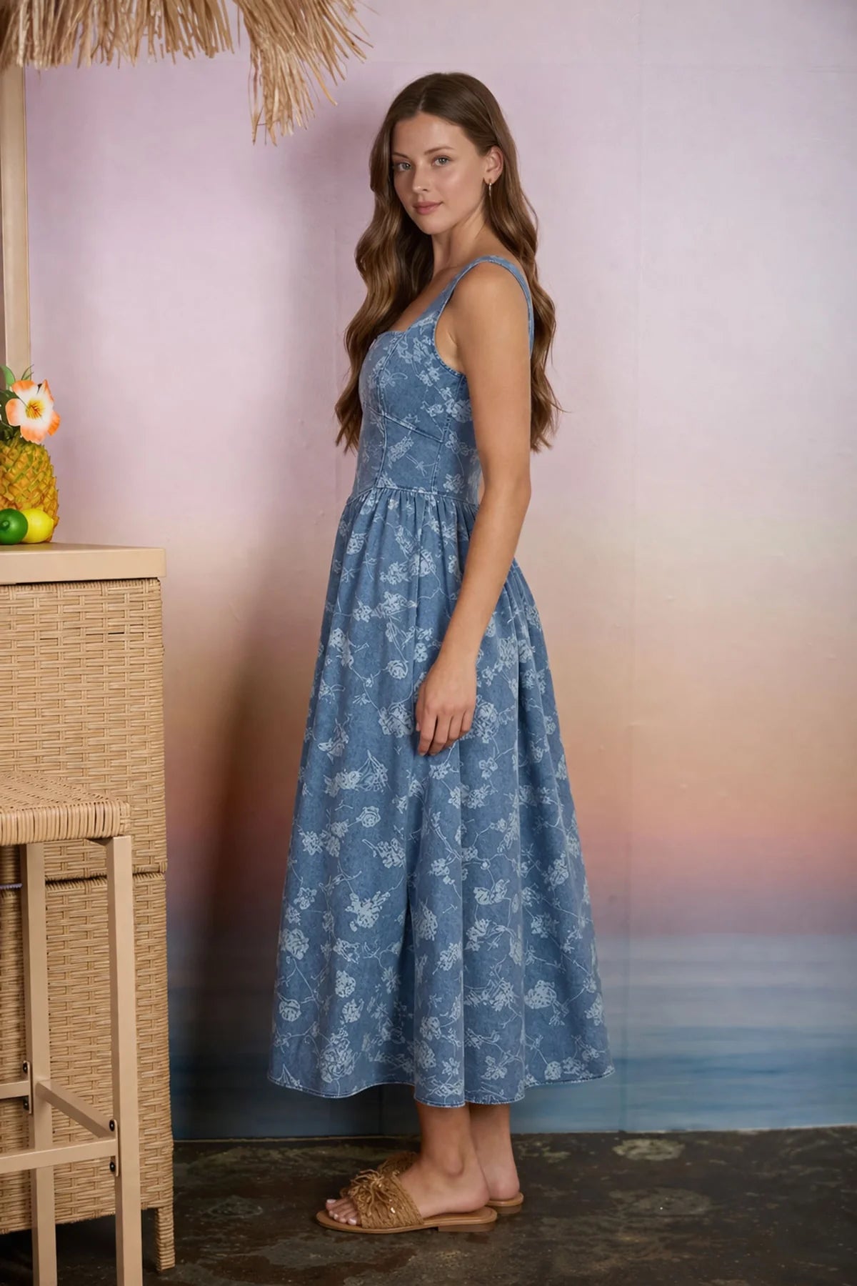 Floral Corset Denim Midi Dress