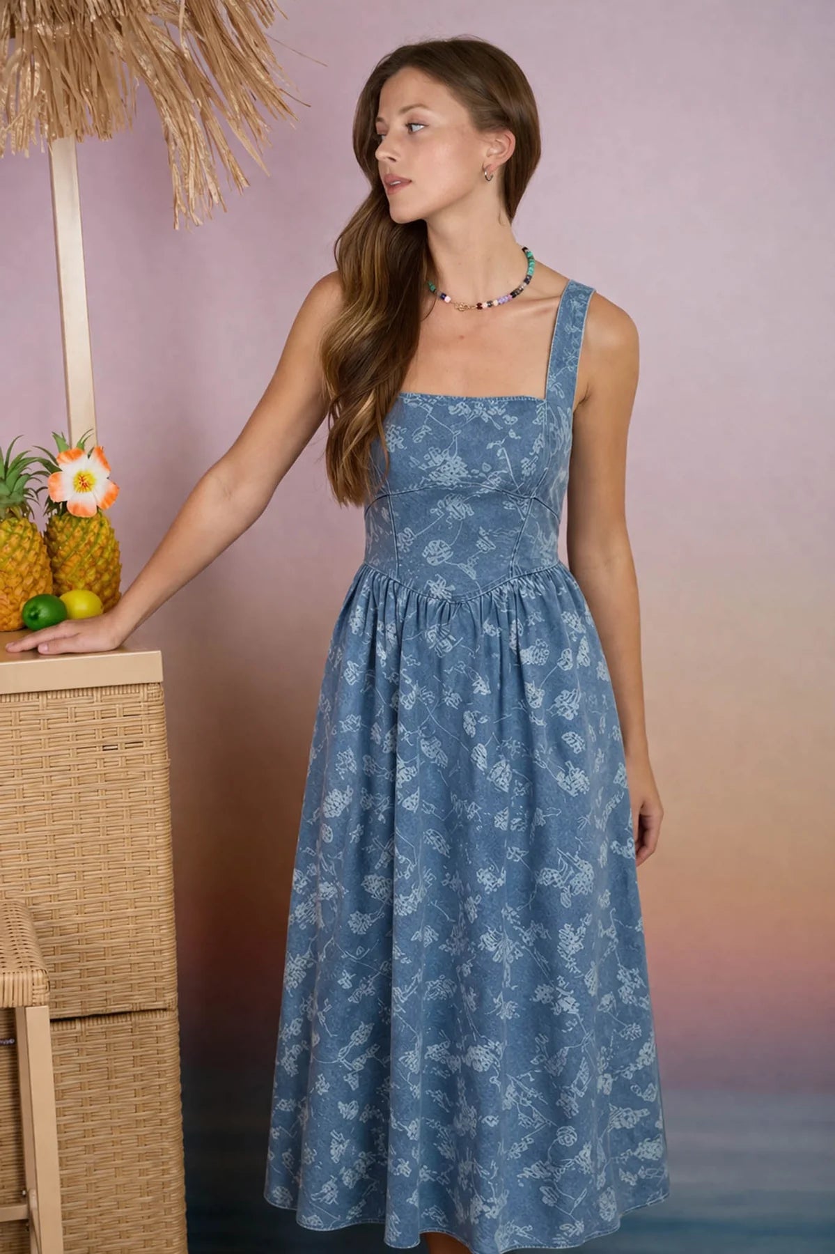 Floral Corset Denim Midi Dress