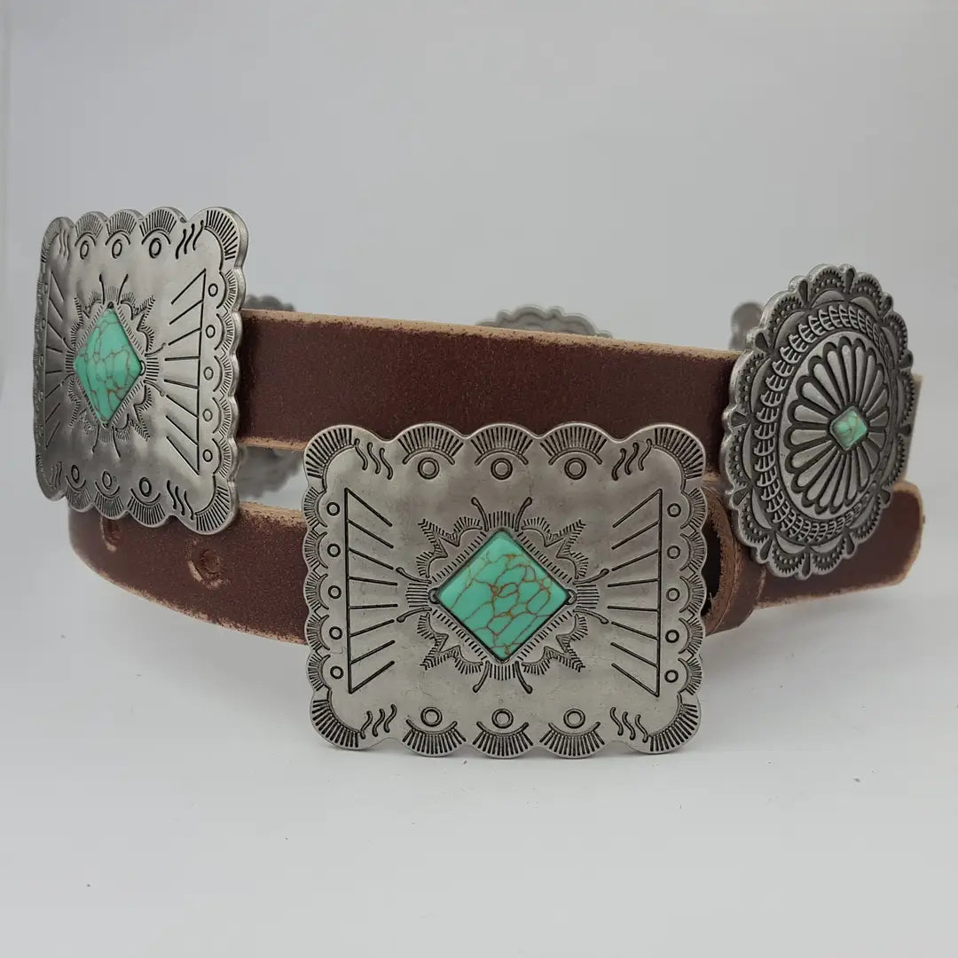 Western Concho Belt with Turquoise Accents – Brown