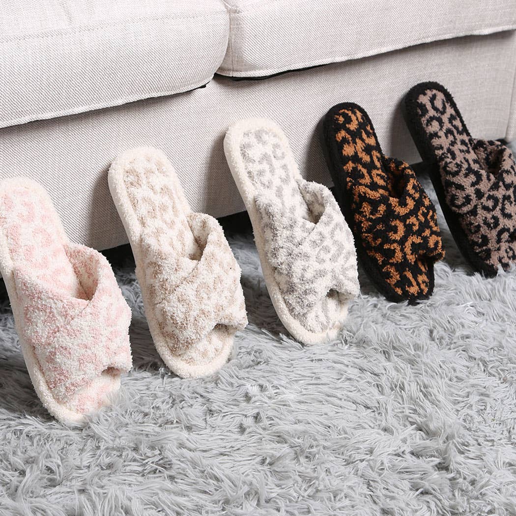 Leopard Print Fuzzy Cross-Strap Slipper