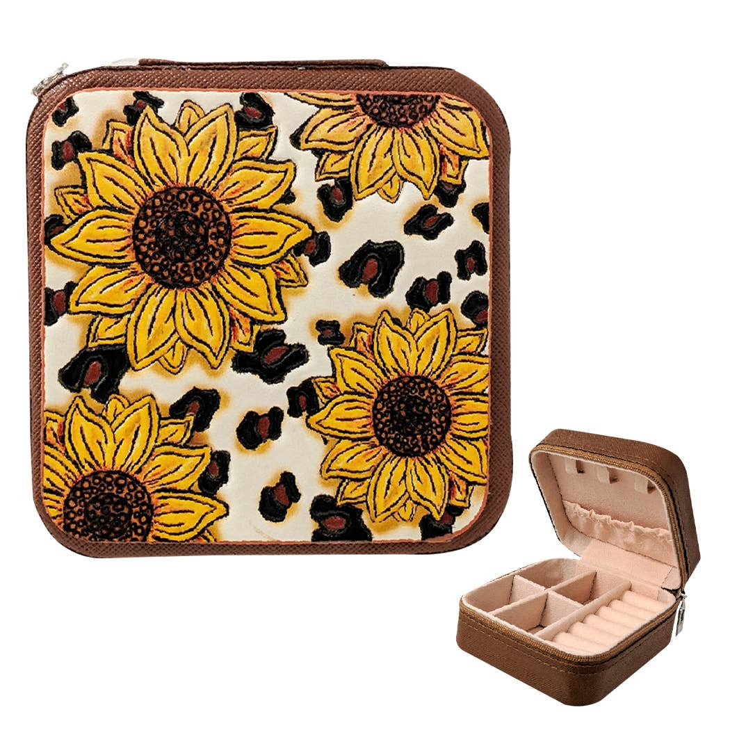 Sunflower and Leopard Print Western Travel Jewelry Box