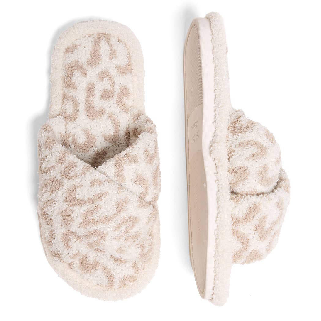 Leopard Print Fuzzy Cross-Strap Slipper