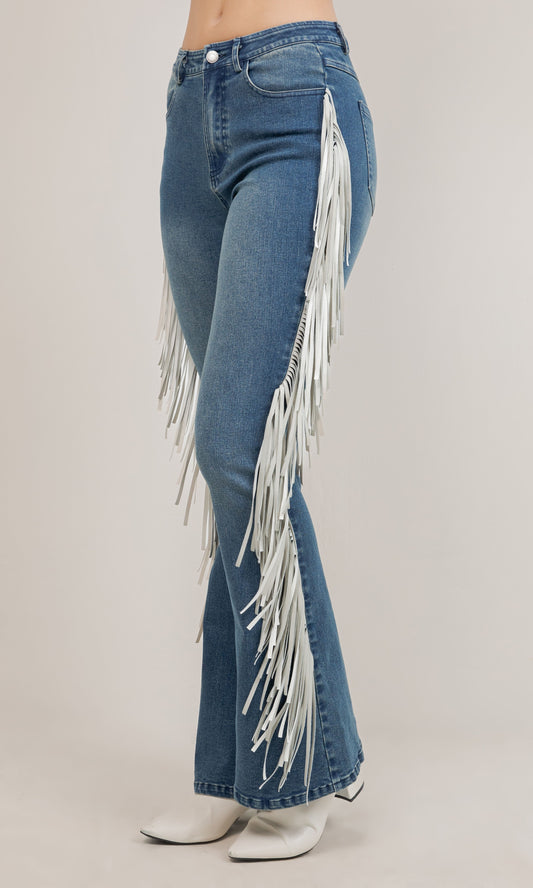 Contrast Side Fringe Denim Pants