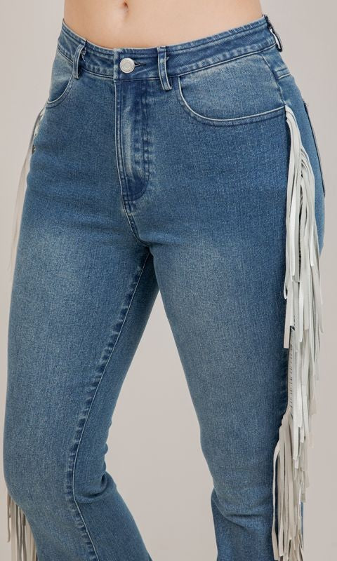 Contrast Side Fringe Denim Pants