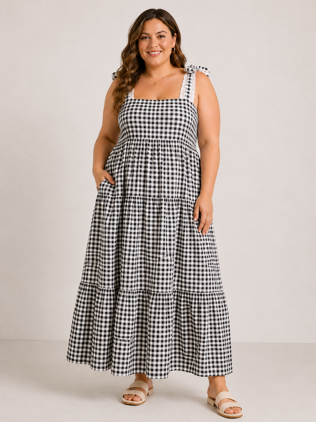 Black Gingham Lace-Trim Maxi Dress Plus