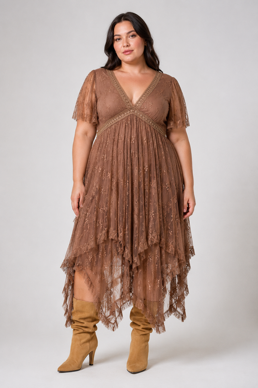Mocha Lace Handkerchief Midi Dress Plus