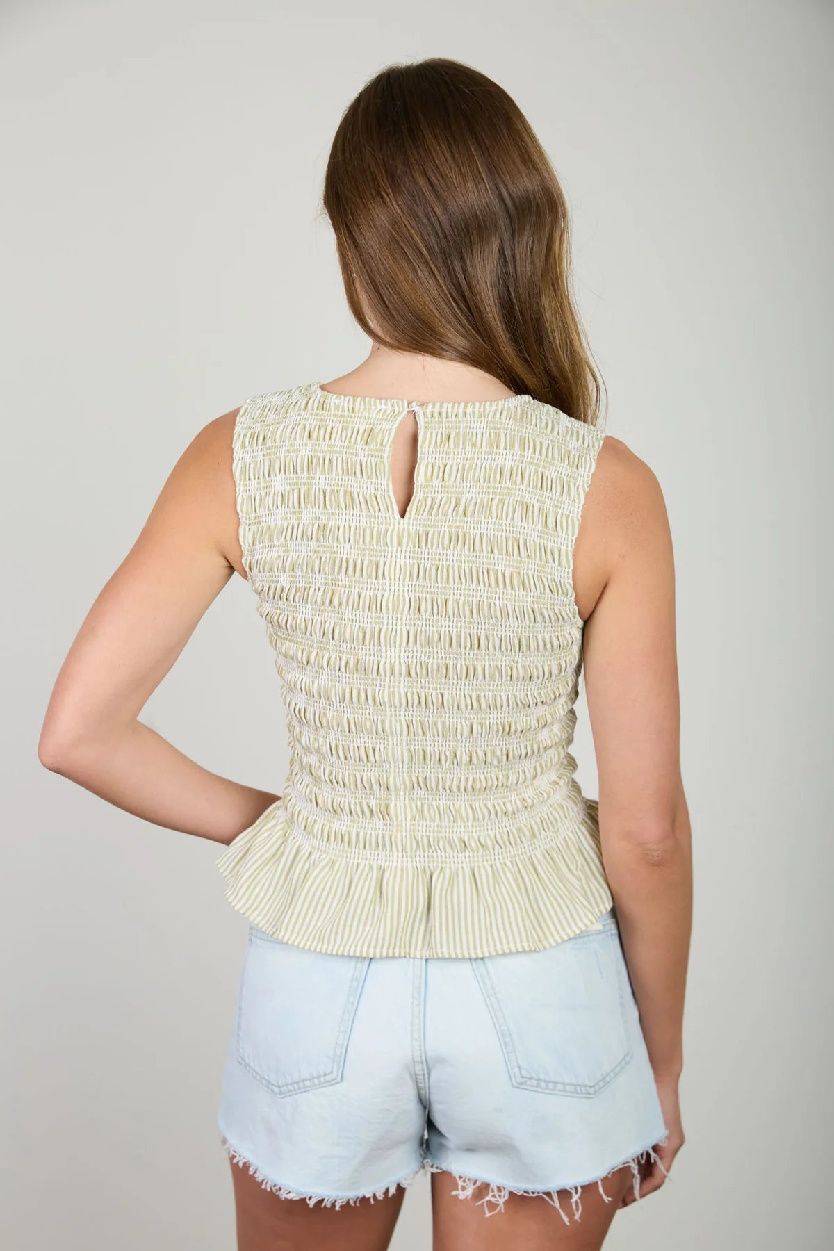 Sage Stripe Smocked Peplum Top