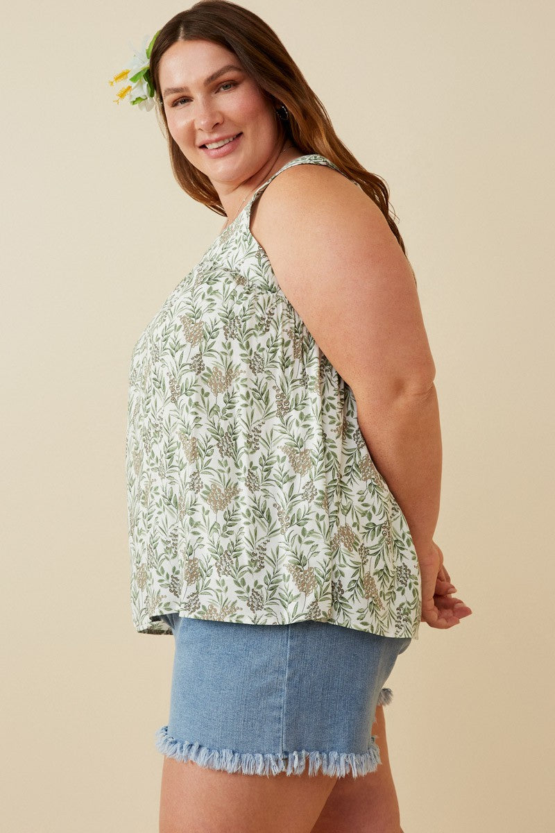 Botanical Print Square Neck Handkerchief Tank Plus