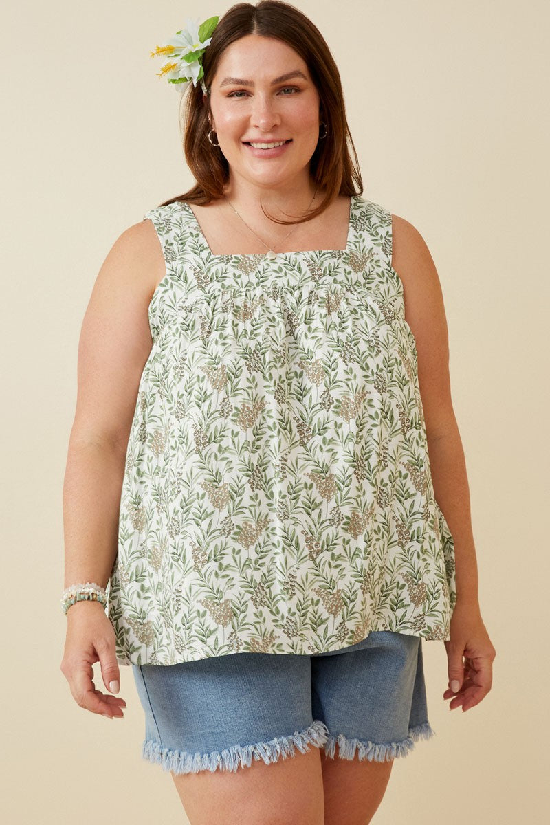 Botanical Print Square Neck Handkerchief Tank Plus